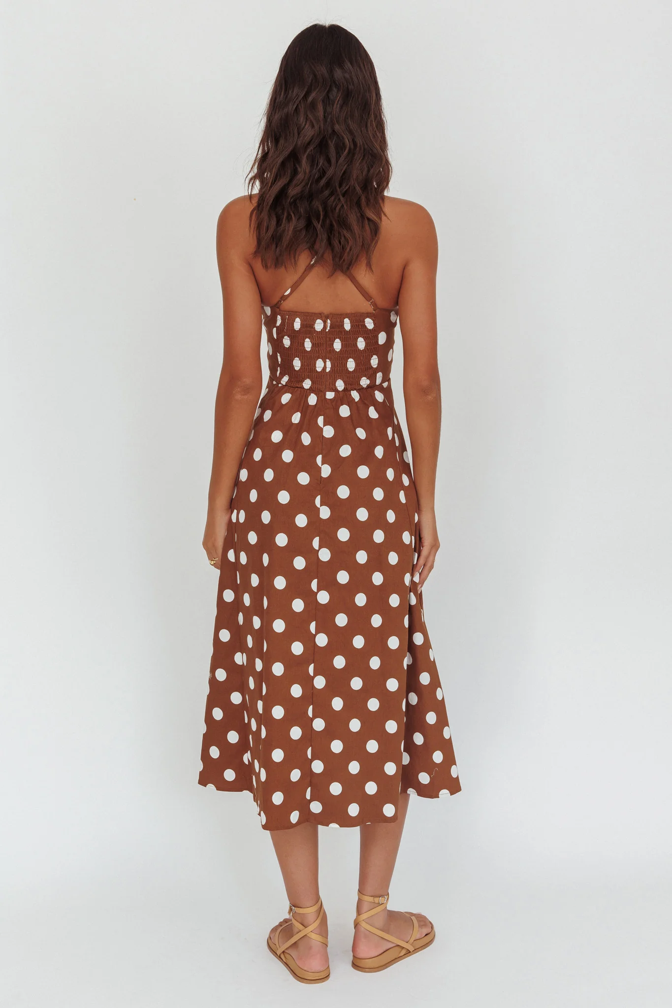 Second Glance Olga Criss-Cross Back Midi Dress Polka Dot Brown - Image 3