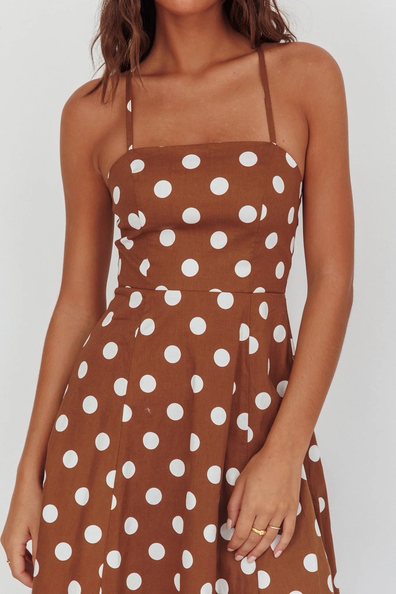 Second Glance Olga Criss-Cross Back Midi Dress Polka Dot Brown - Image 4