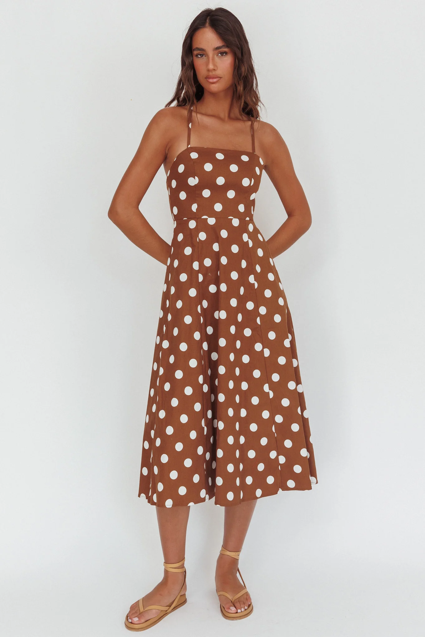 Second Glance Olga Criss-Cross Back Midi Dress Polka Dot Brown - Image 5