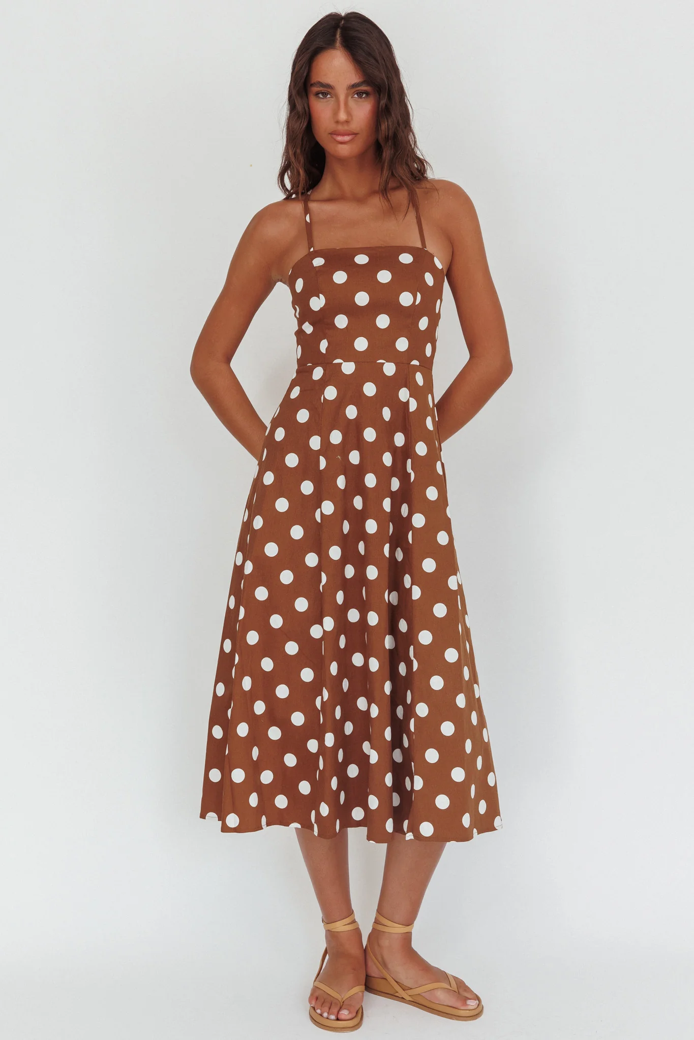 Second Glance Olga Criss-Cross Back Midi Dress Polka Dot Brown - Image 6