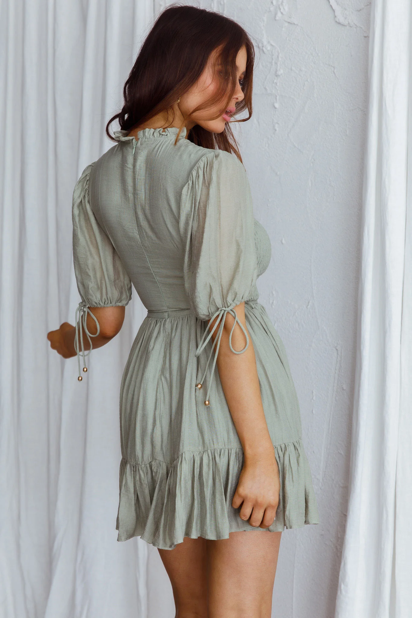Secret Garden Puff Sleeve Smocked Bodice Dress Avocado - Image 3