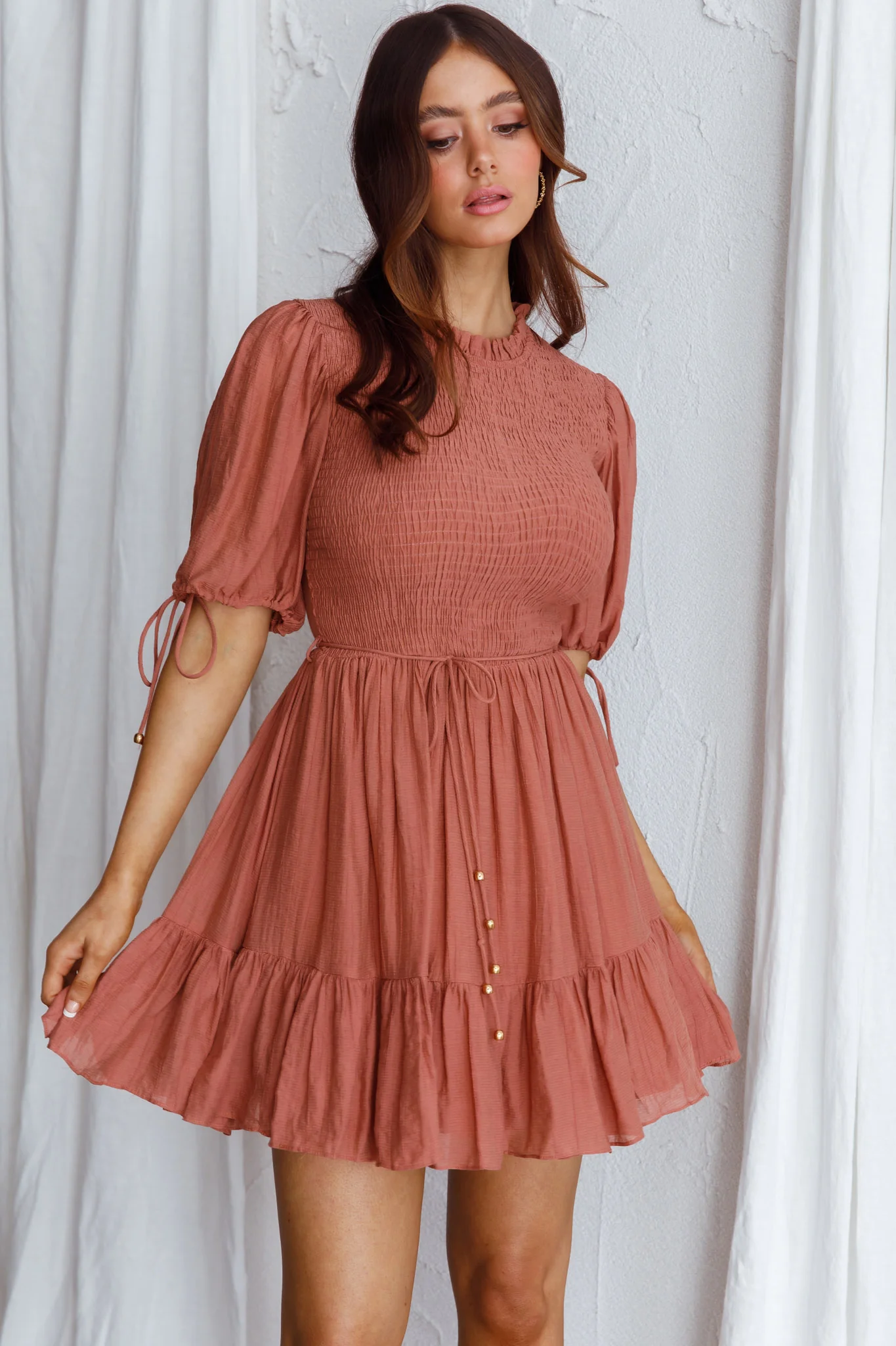Secret Garden Puff Sleeve Smocked Bodice Dress Mocha - Image 4