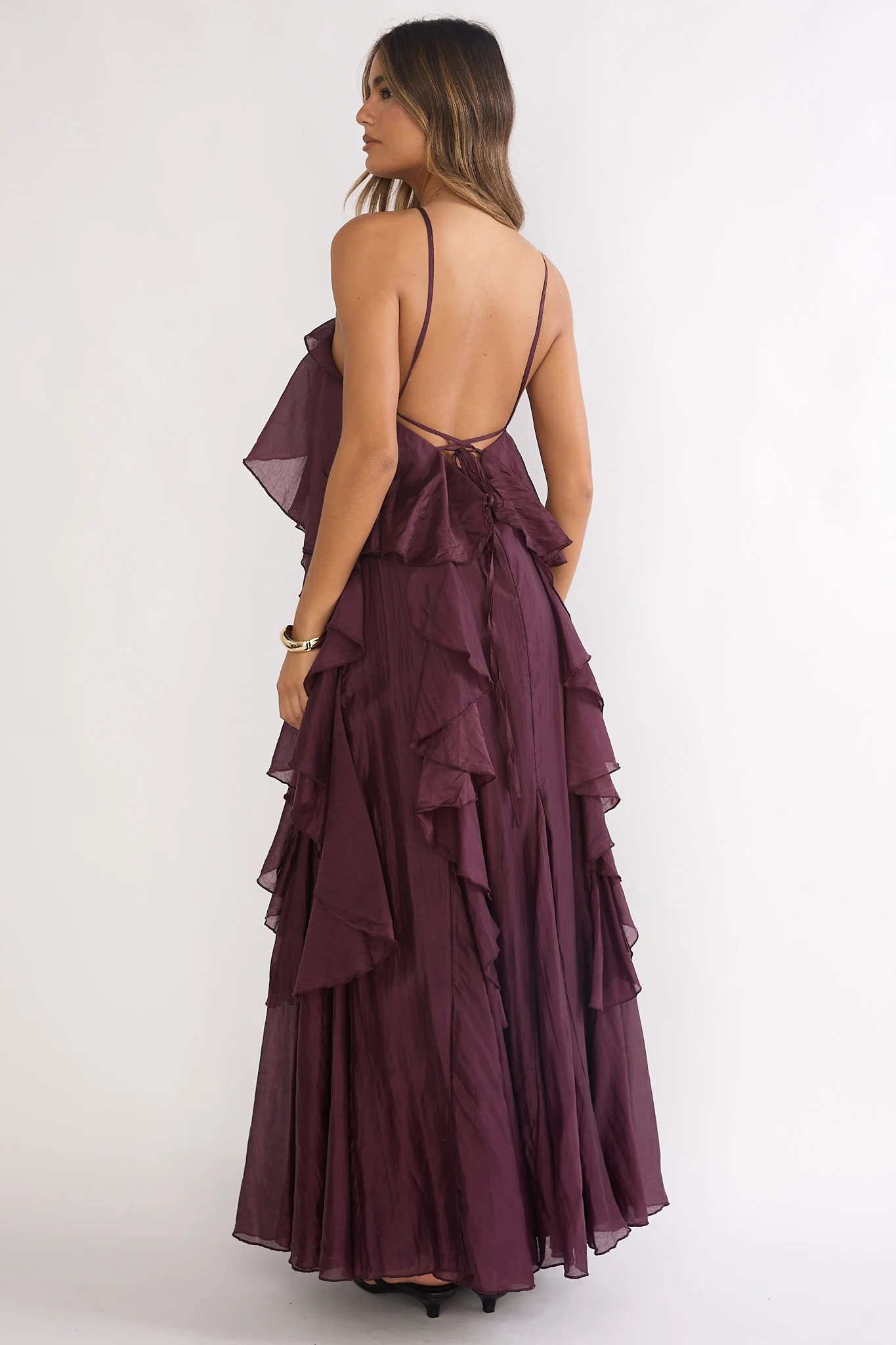 Secret Rendezvous Layered Ruffle Maxi Dress Maroon - Image 3
