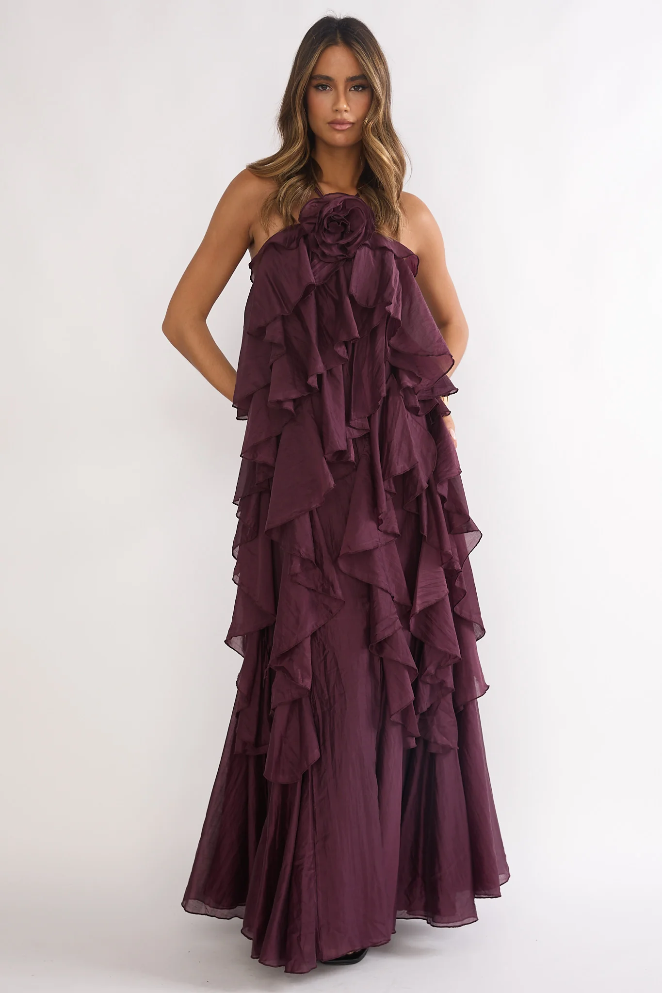 Secret Rendezvous Layered Ruffle Maxi Dress Maroon - Image 4