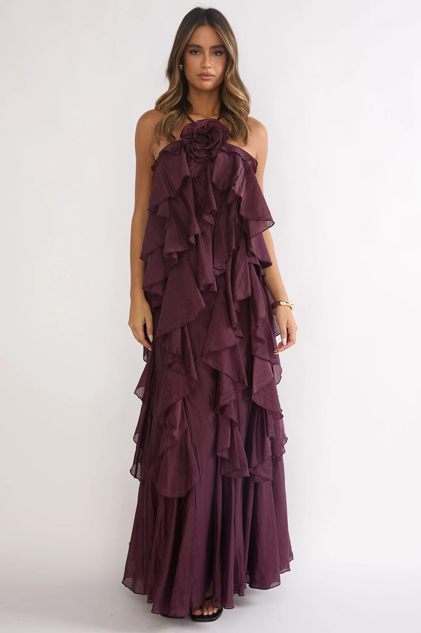 Secret Rendezvous Layered Ruffle Maxi Dress Maroon - Image 6
