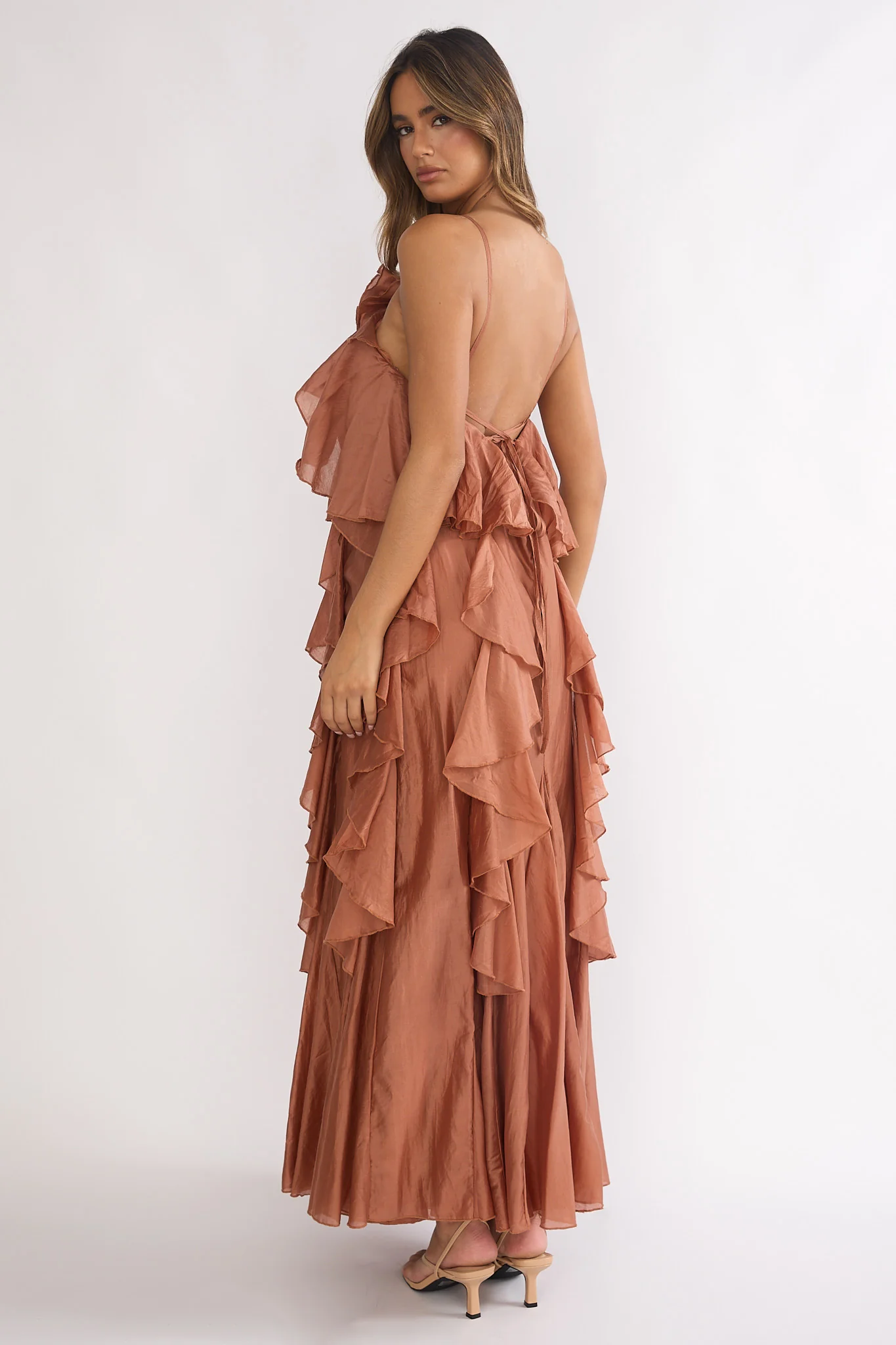 Secret Rendezvous Layered Ruffle Maxi Dress Rust - Image 3