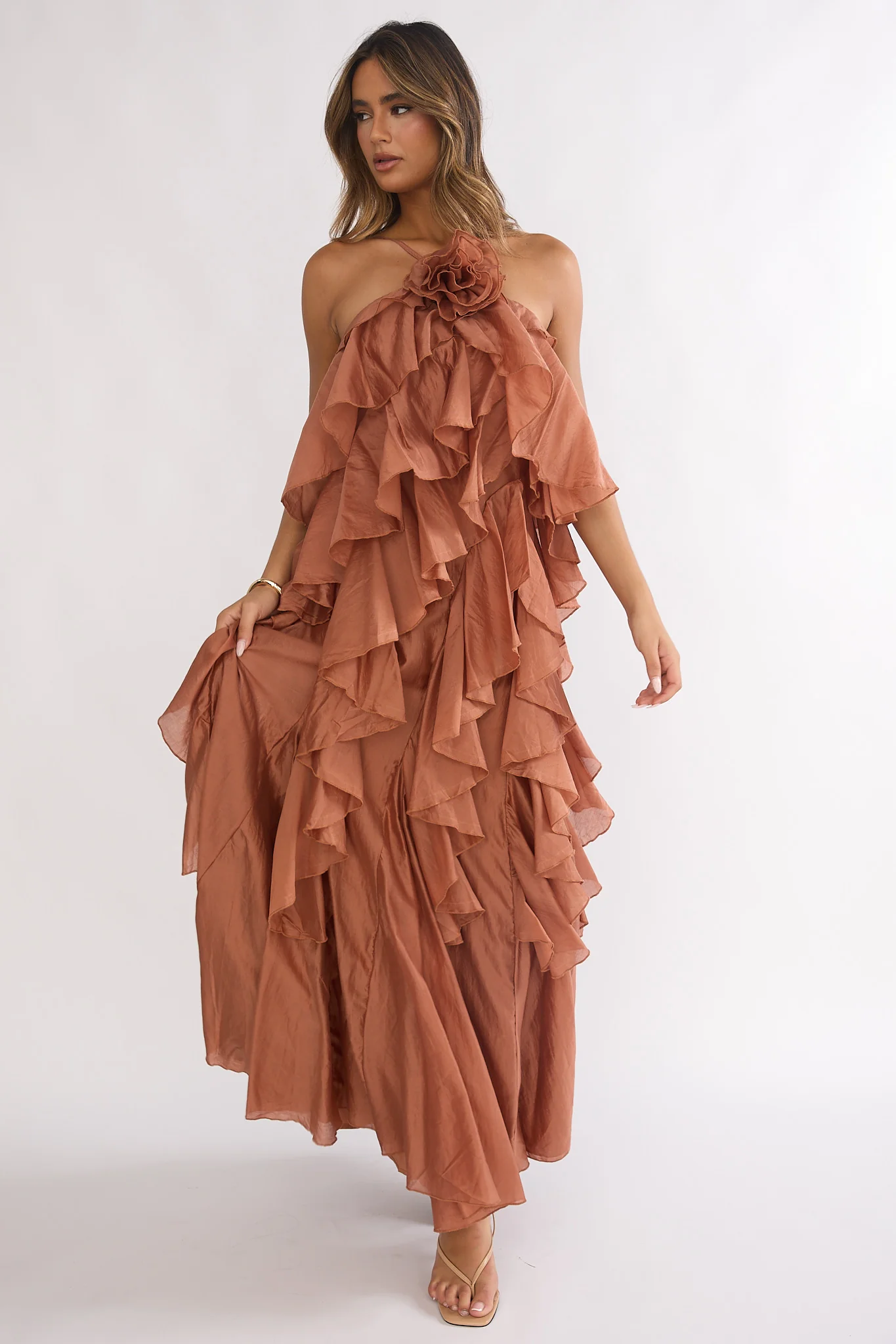 Secret Rendezvous Layered Ruffle Maxi Dress Rust - Image 6