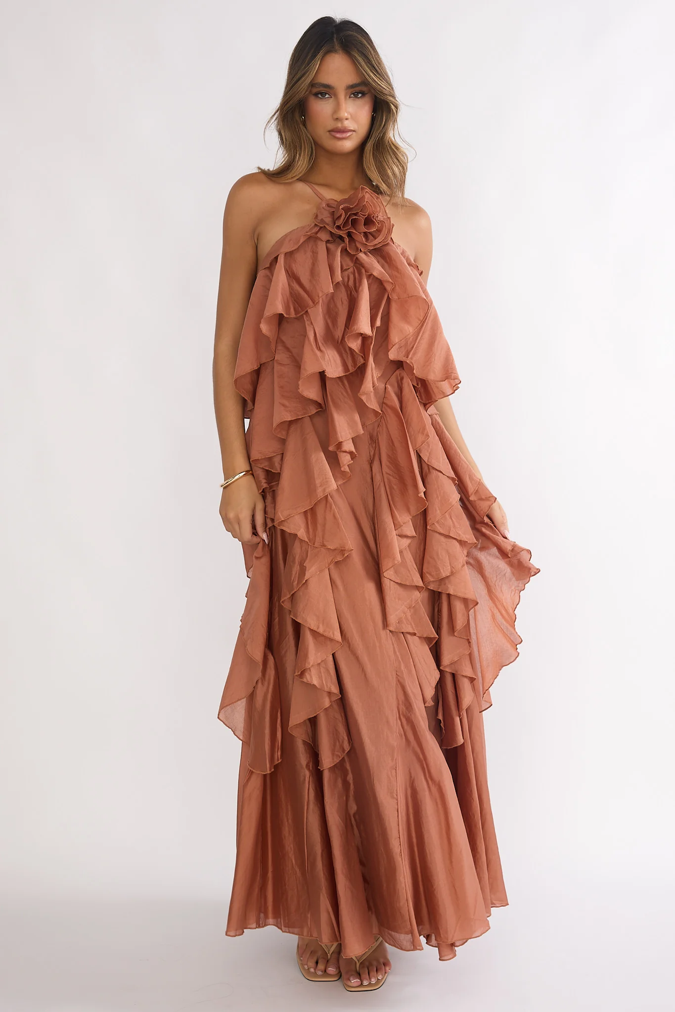 Secret Rendezvous Layered Ruffle Maxi Dress Rust - Image 7