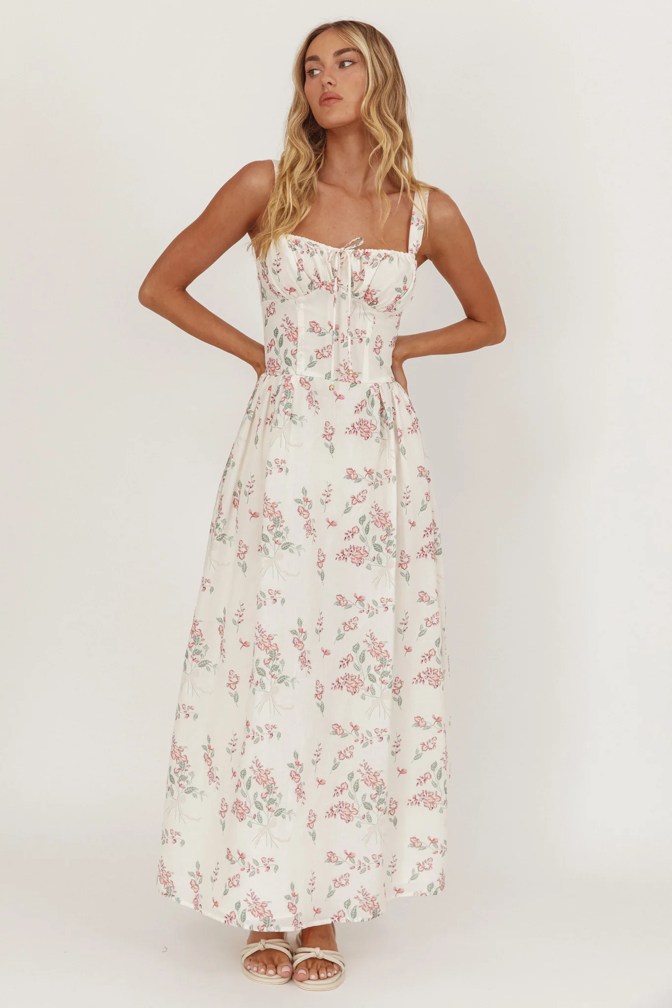 Seen The Light Tie Bust Maxi Dress Floral Cream/Pink - Image 5