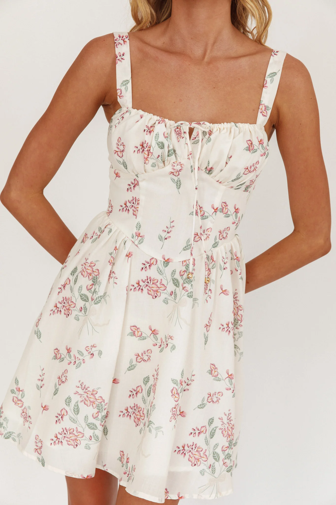 Seen The Light Tie Bust Mini Dress Floral Cream - Image 6