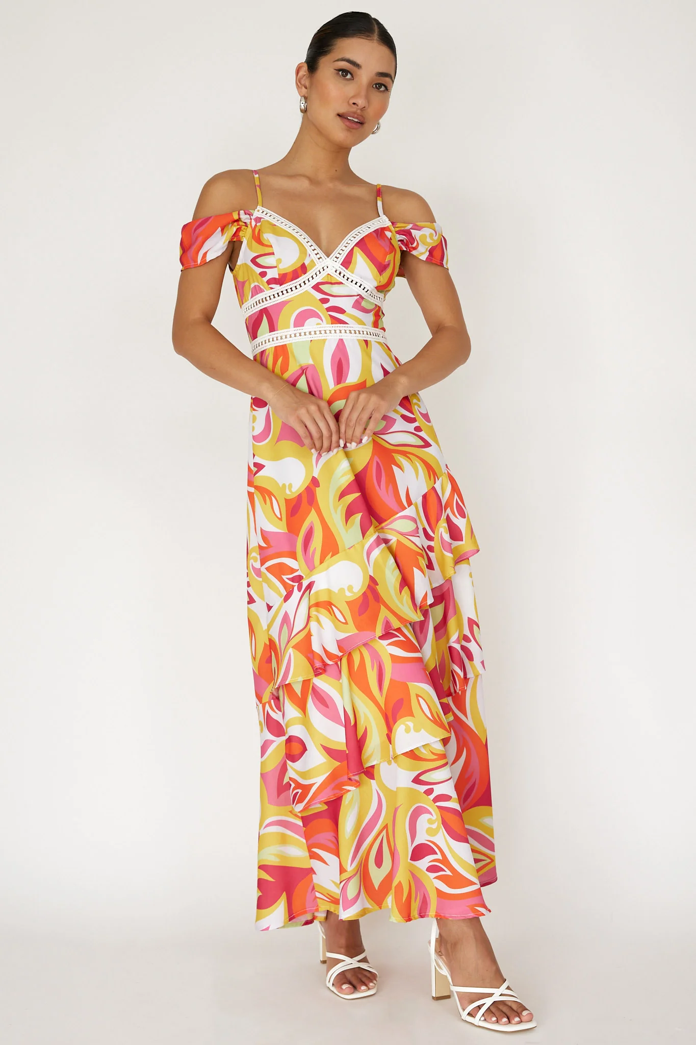 Seina Off-Shoulder Crochet Trim Dress Print Orange - Image 3