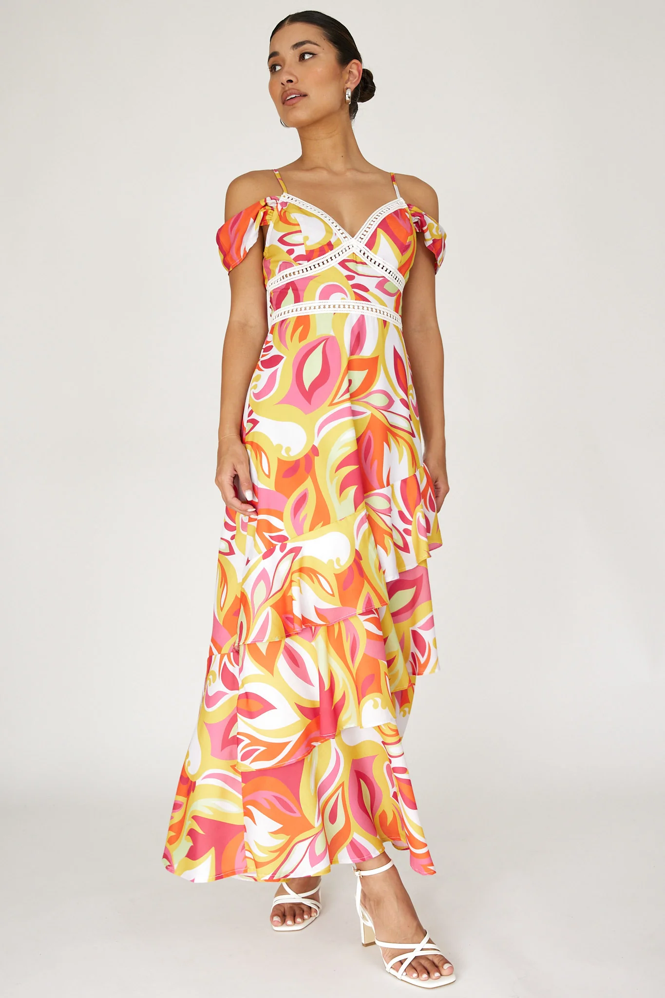 Seina Off-Shoulder Crochet Trim Dress Print Orange - Image 5