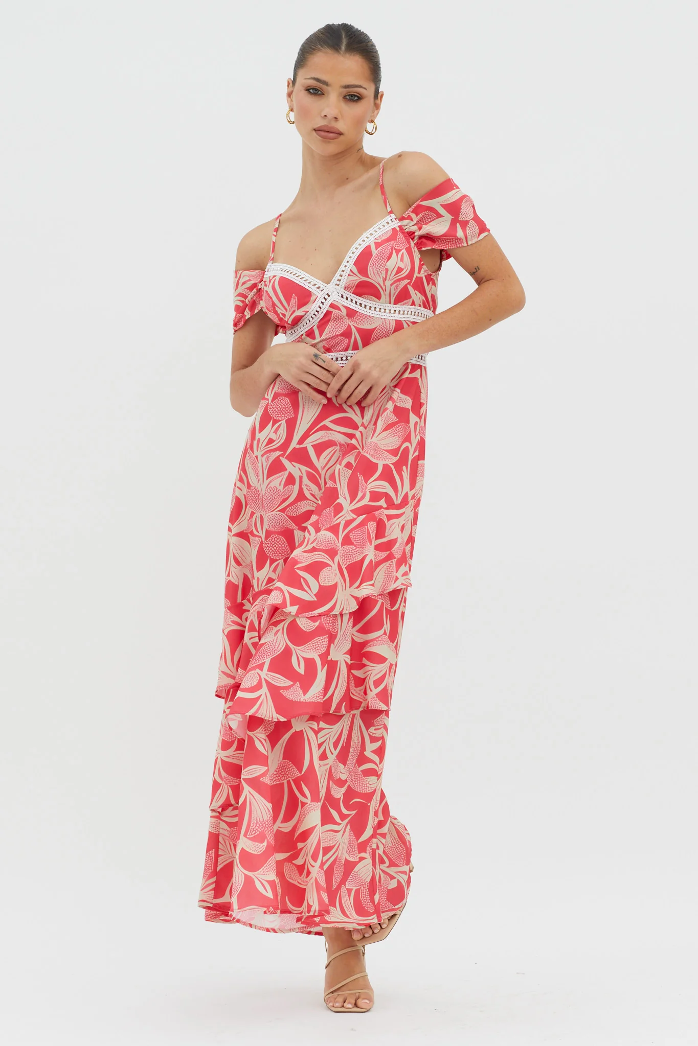 Seina Off-Shoulder Crochet Trim Dress Print Red - Image 3