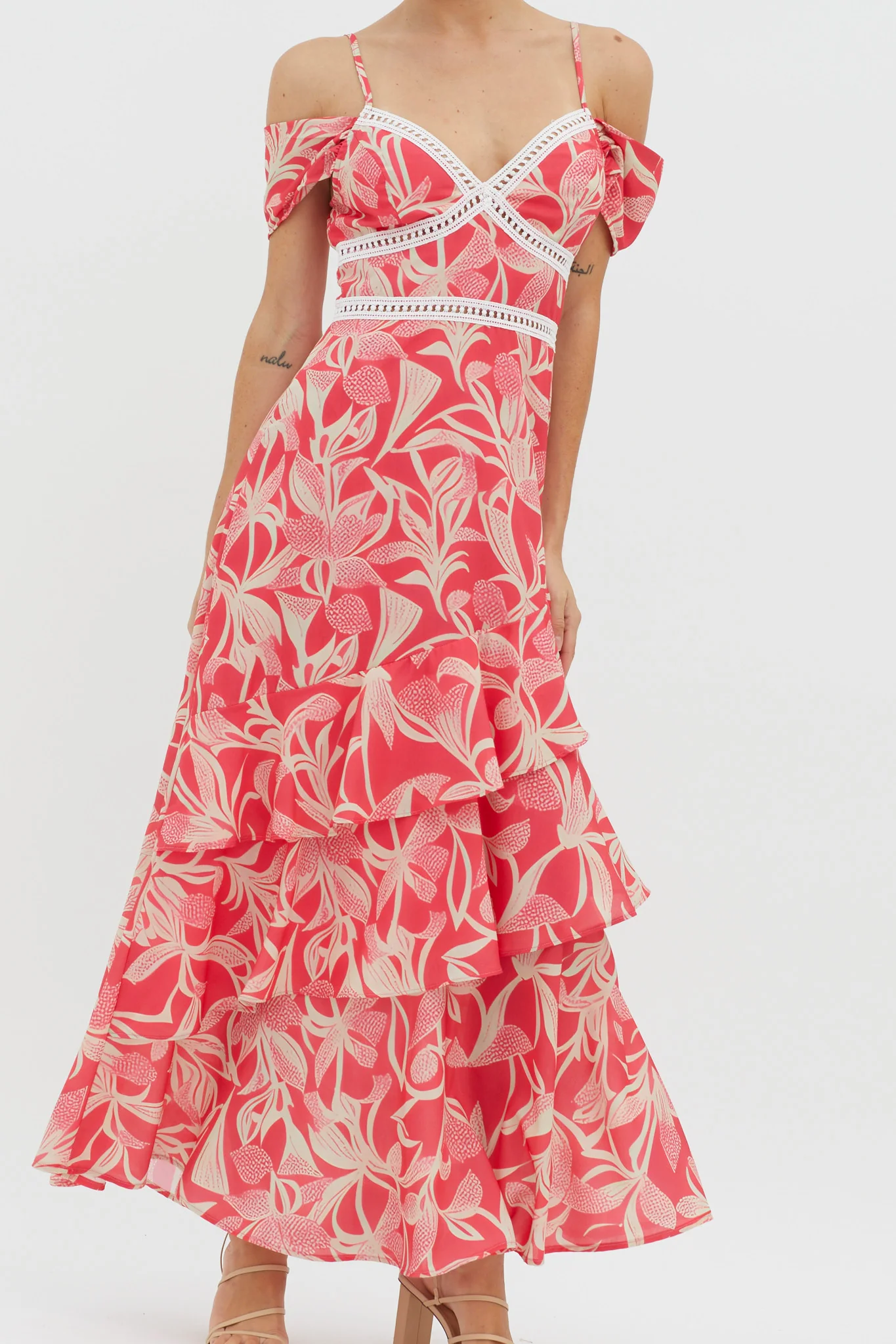 Seina Off-Shoulder Crochet Trim Dress Print Red - Image 4