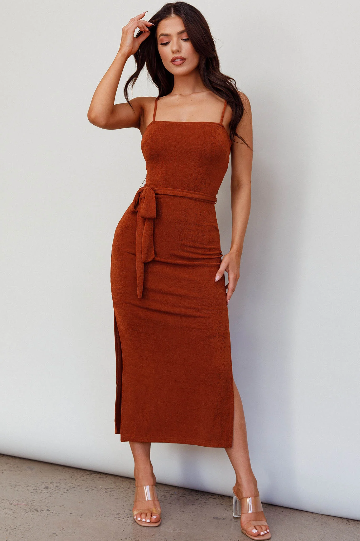 Serenade Me Square Neckline Side Split Midi Dress Cinnamon - Image 5