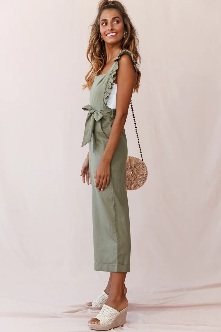 Serenade Ruffle Strap Pinafore Jumpsuit Olive - Image 3