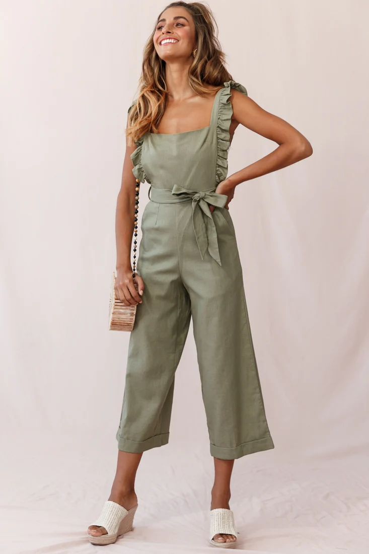Serenade Ruffle Strap Pinafore Jumpsuit Olive - Image 6