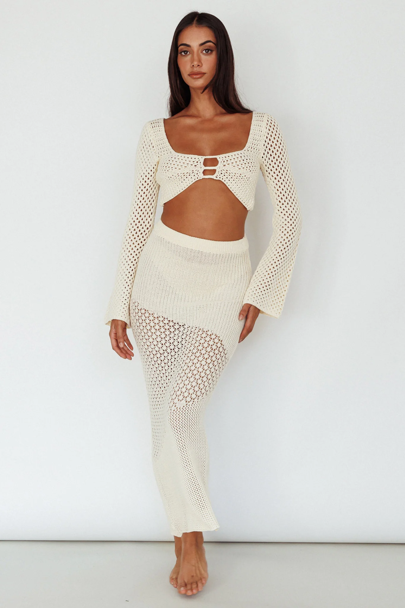 Serenity Sky Long Sleeve Crochet Crop Top Milk - Image 3
