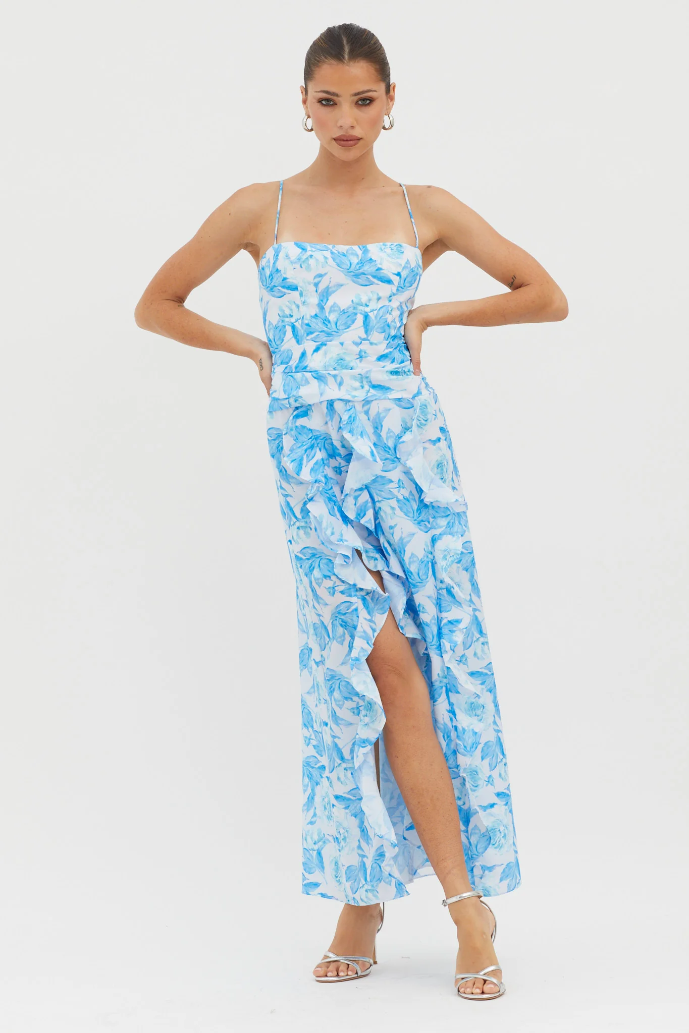 Serif Ruffle Trim Split Maxi Dress Blue - Image 3