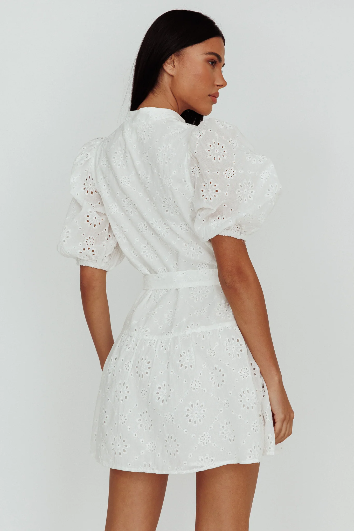 Serita Belted Puff Sleeve Eyelet Mini Dress White - Image 2