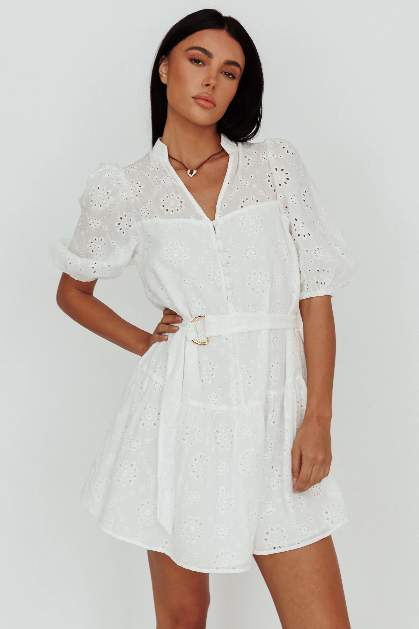 Serita Belted Puff Sleeve Eyelet Mini Dress White - Image 3