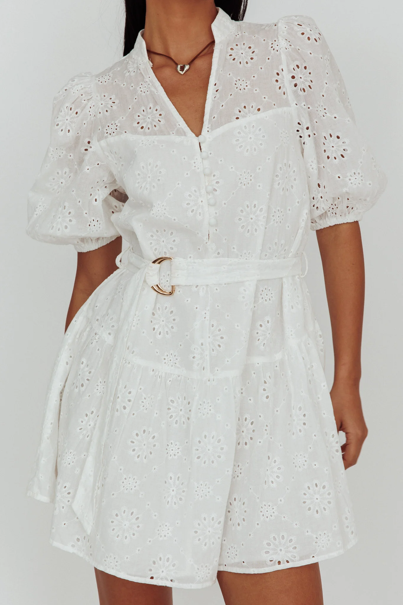 Serita Belted Puff Sleeve Eyelet Mini Dress White - Image 4
