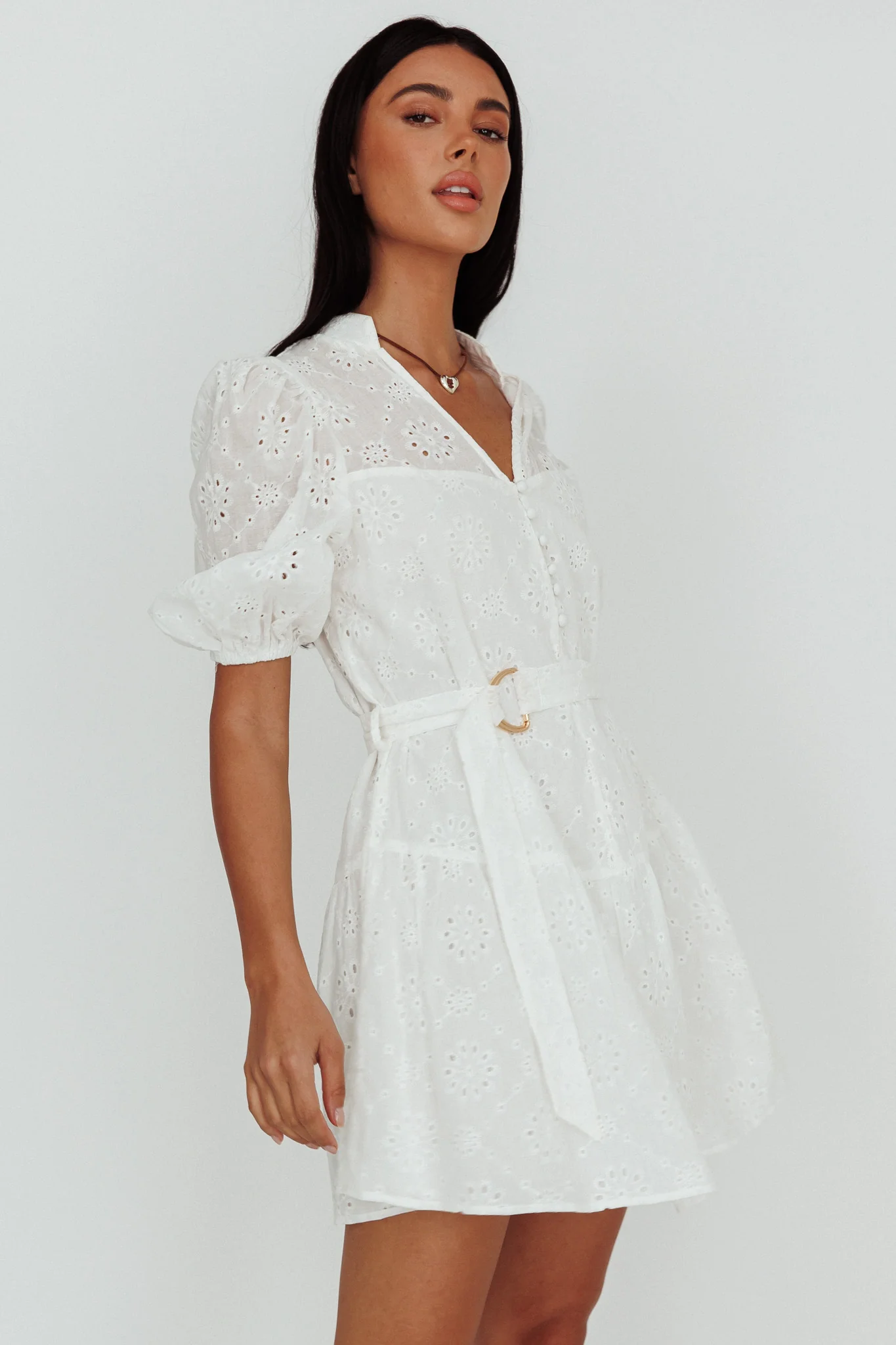 Serita Belted Puff Sleeve Eyelet Mini Dress White - Image 5