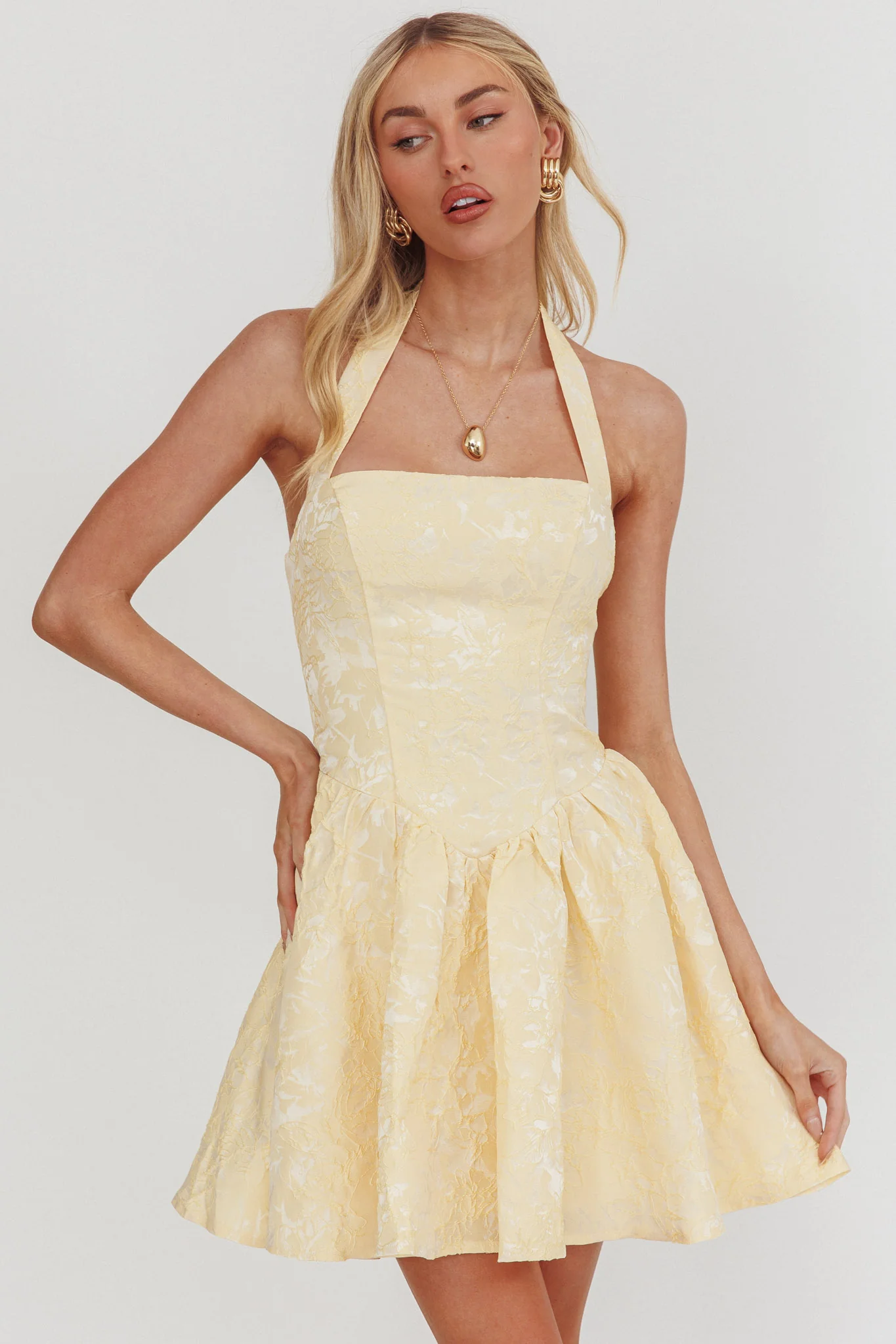 Serrah Halter Mini Dress Jacquard Butter - Image 5