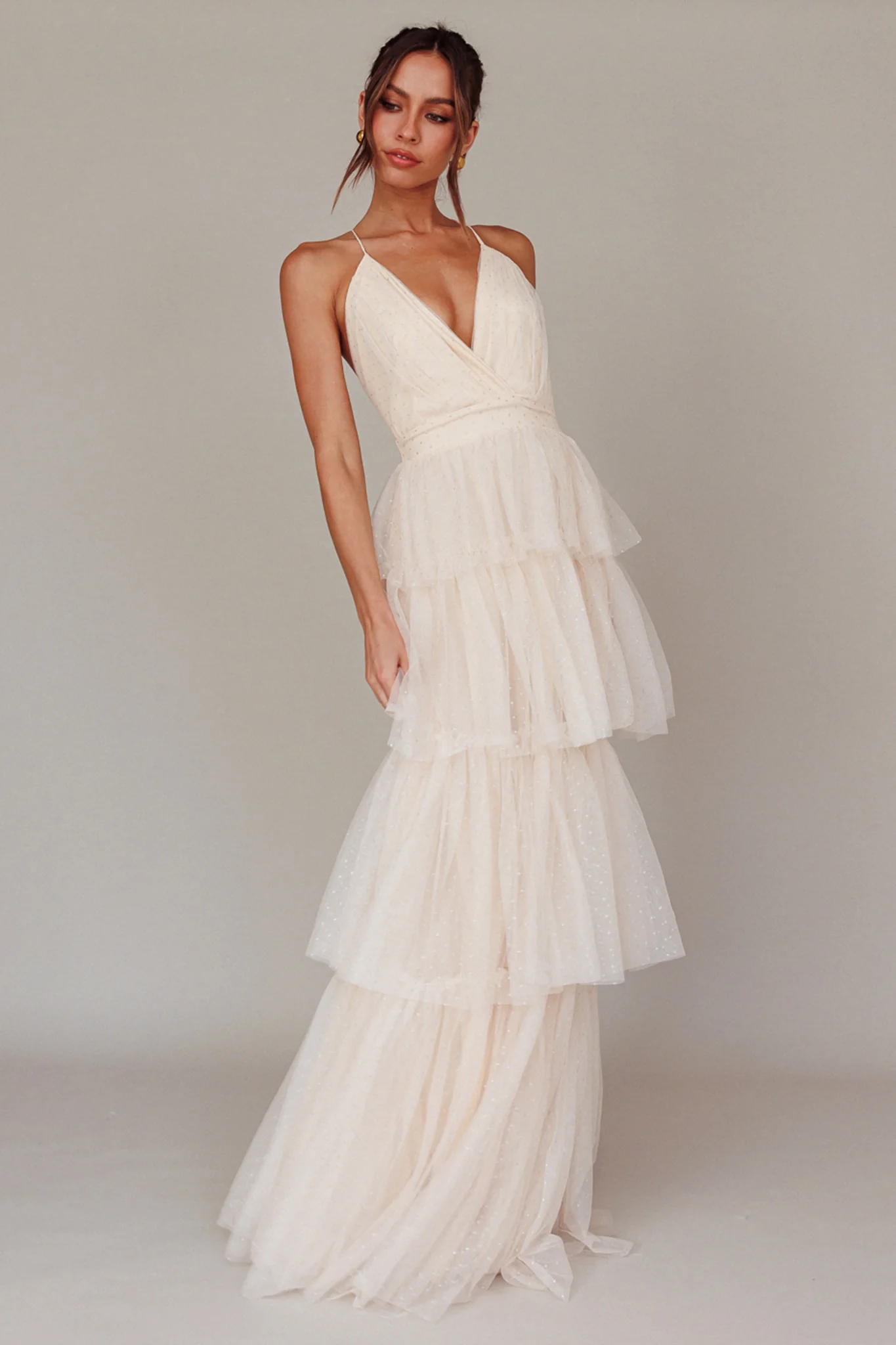 Seylah Tiered Frill Maxi Dress Glitter Cream - Image 5
