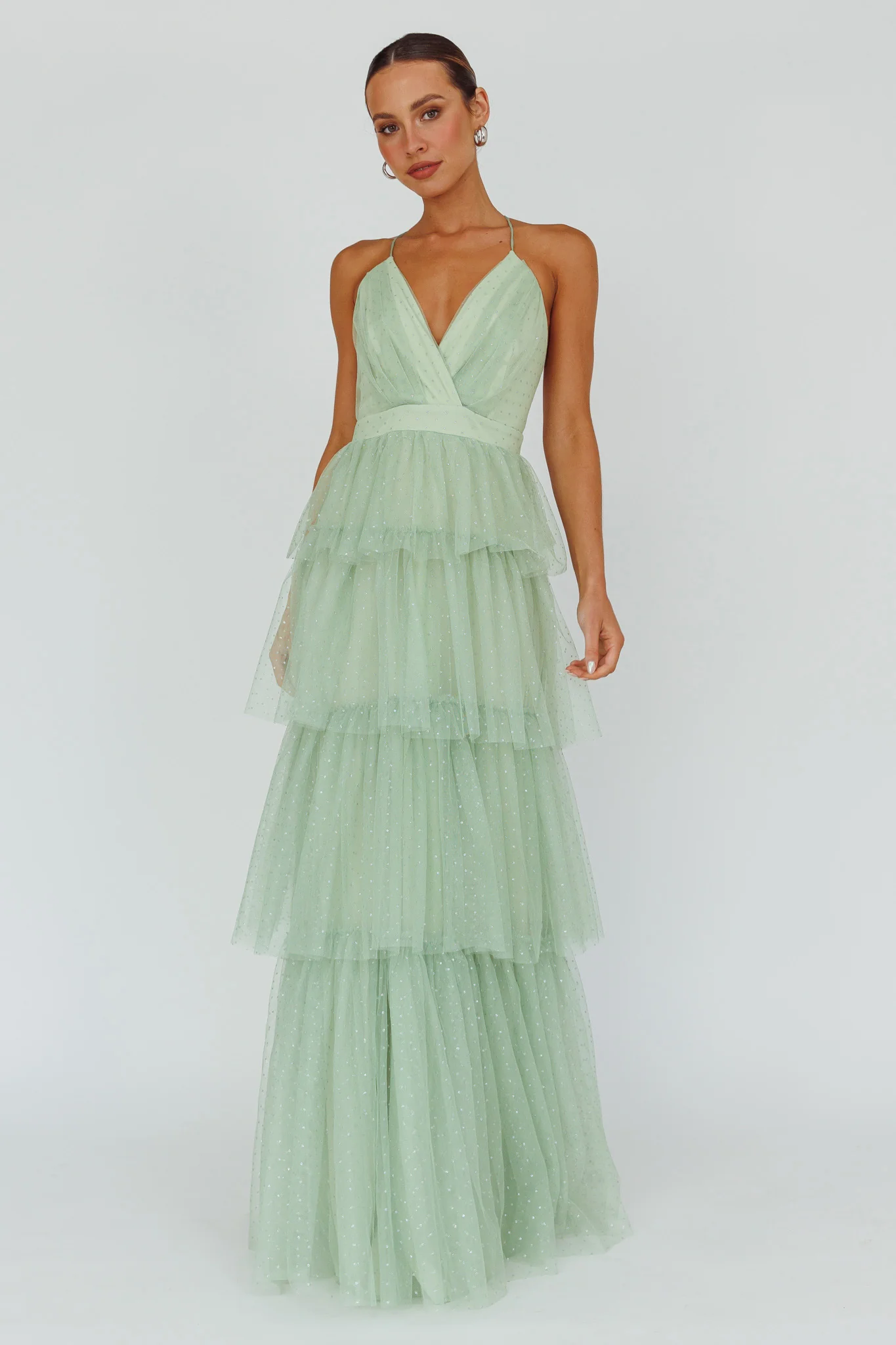 Seylah Tiered Frill Maxi Dress Glitter Sage - Image 5
