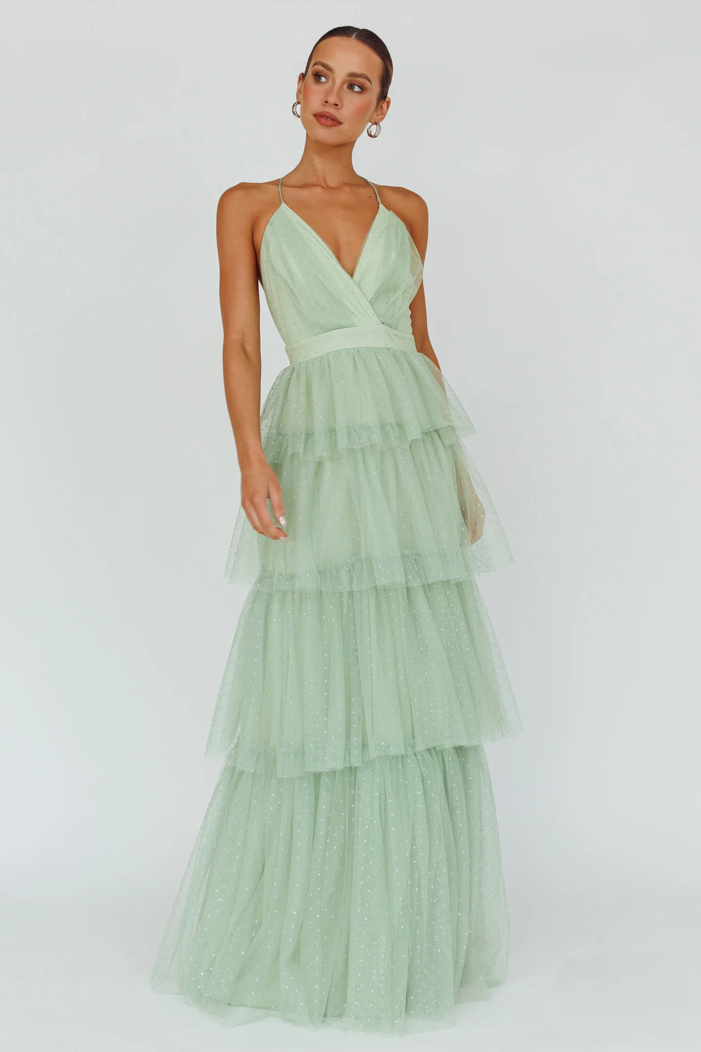 Seylah Tiered Frill Maxi Dress Glitter Sage - Image 6