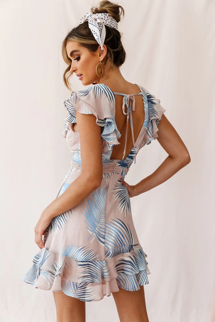 Shaina Pintuck Placket Empire Cut Dress Palm Print Pink - Image 3