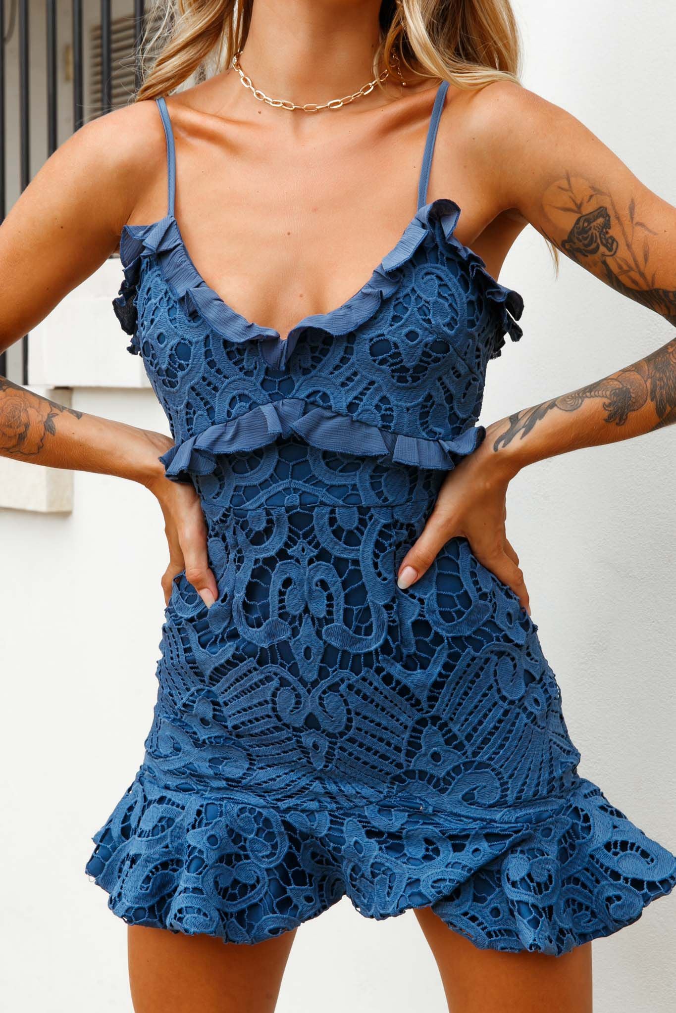 Shakeera Frill Trim Lace Mini Dress Midnight Blue - Image 5