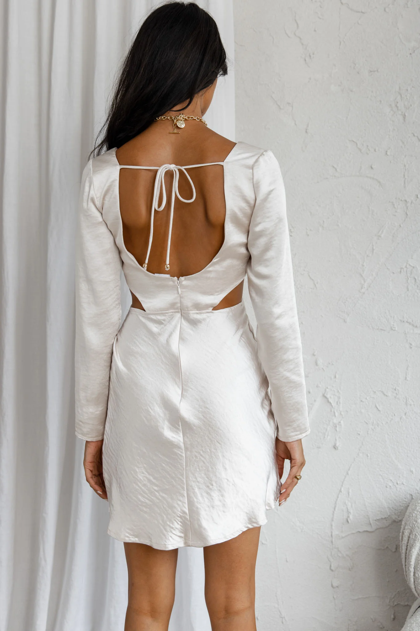 Shaken Not Stirred Cut-Out Waist Long Sleeve Pleat Mini Dress Champagne - Image 8