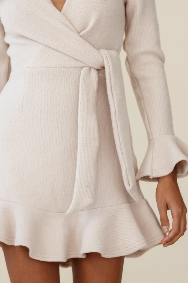 Shalini Flared Cuff Surplice Neckline Knit Dress Beige - Image 8