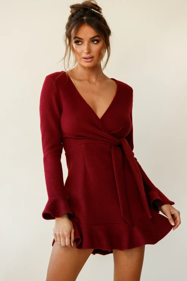 Shalini Flared Cuff Surplice Neckline Knit Dress Wine - Image 2
