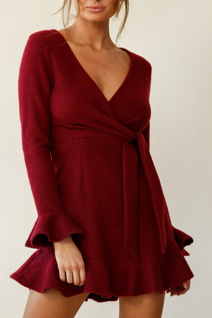 Shalini Flared Cuff Surplice Neckline Knit Dress Wine - Image 7