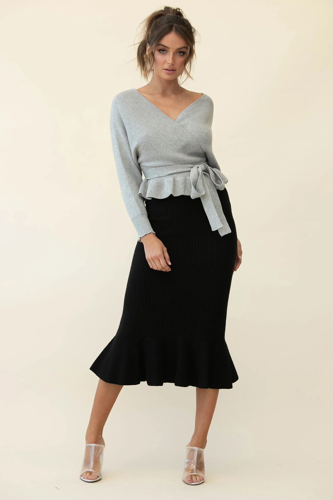 Shalon Ribbed Knit Fluted Hem Midi Skirt Antique Black - Image 3