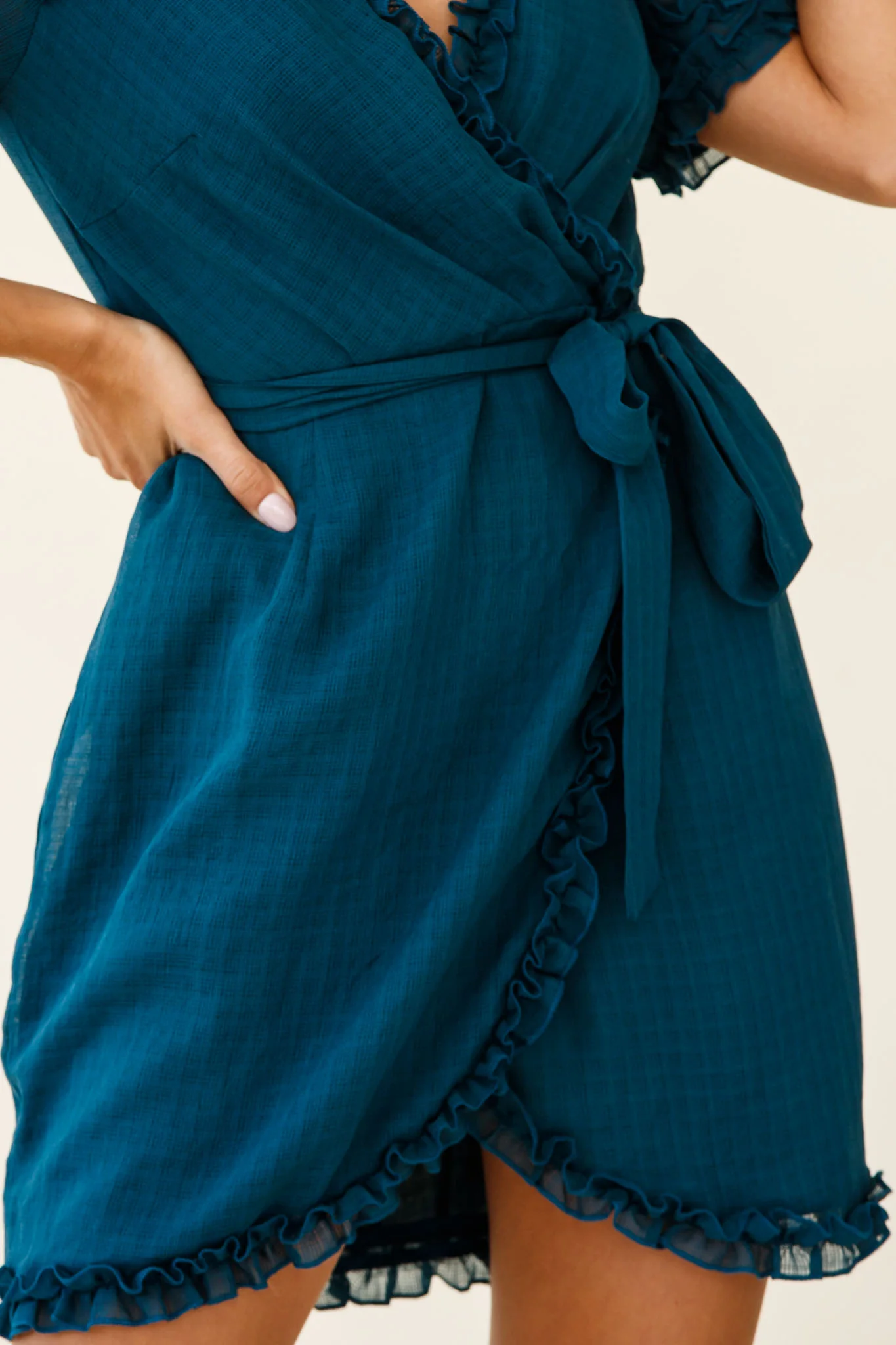 Shandra Short Sleeve Frill Trim Wrap Dress Teal - Image 6