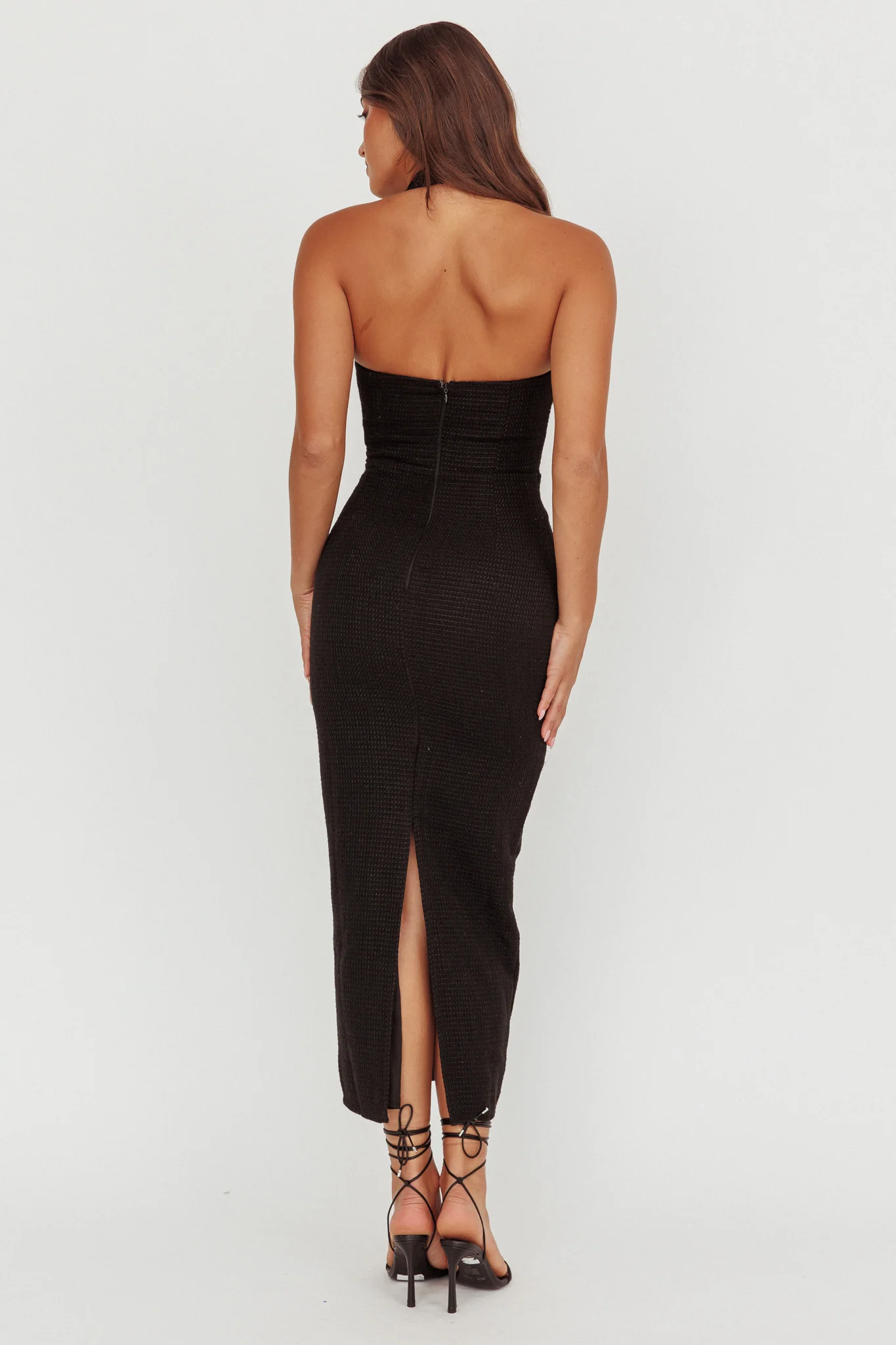She Is Button Front Halter Midi Dress Tweed Black - Image 3