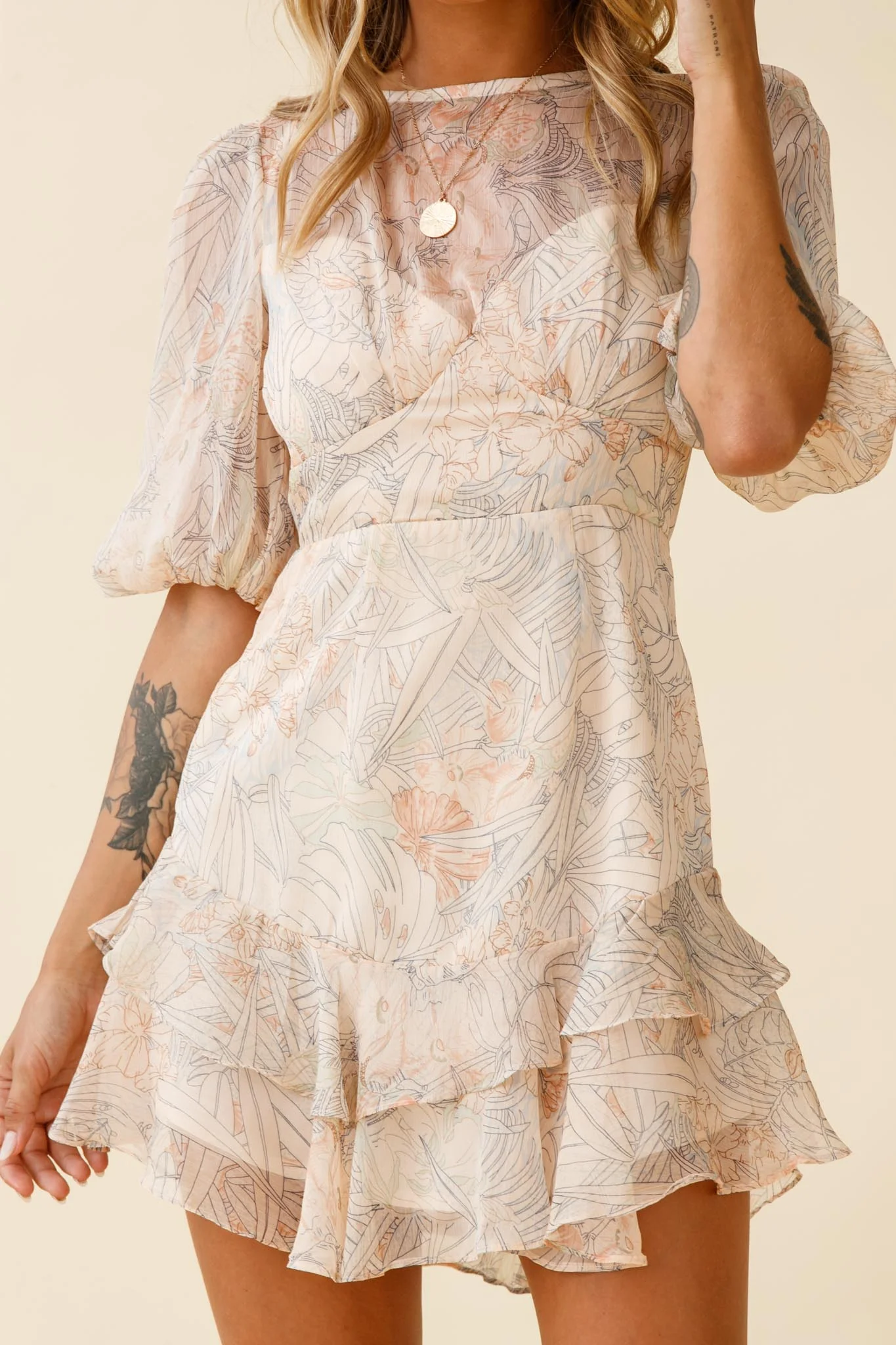 She Knows Puff Sleeve Ruffle Trim Dress Botanic Print Nude - Image 4