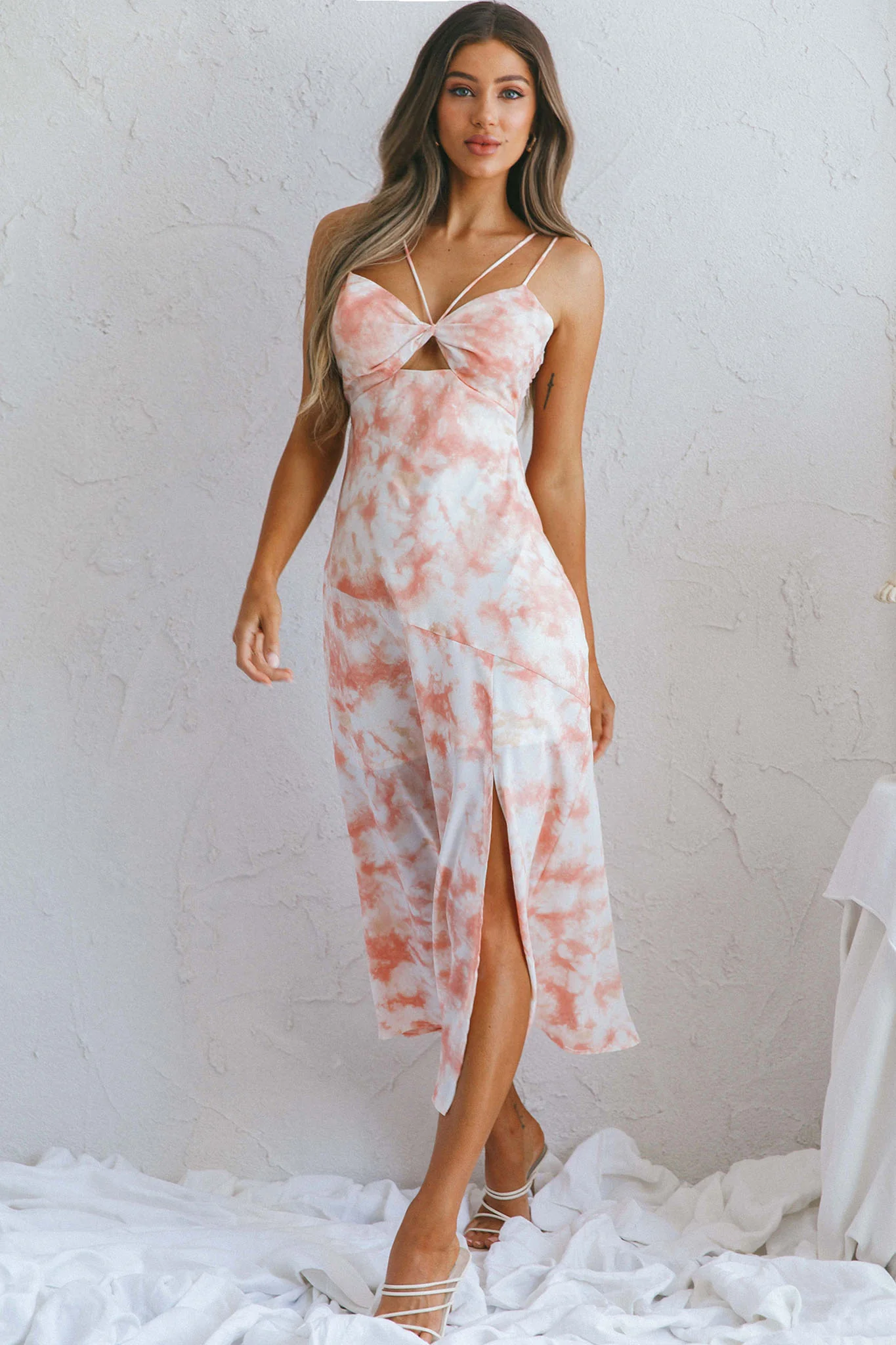 She Reigns Twist Bust Split Midi Dress Tie Dye Pink - Image 3