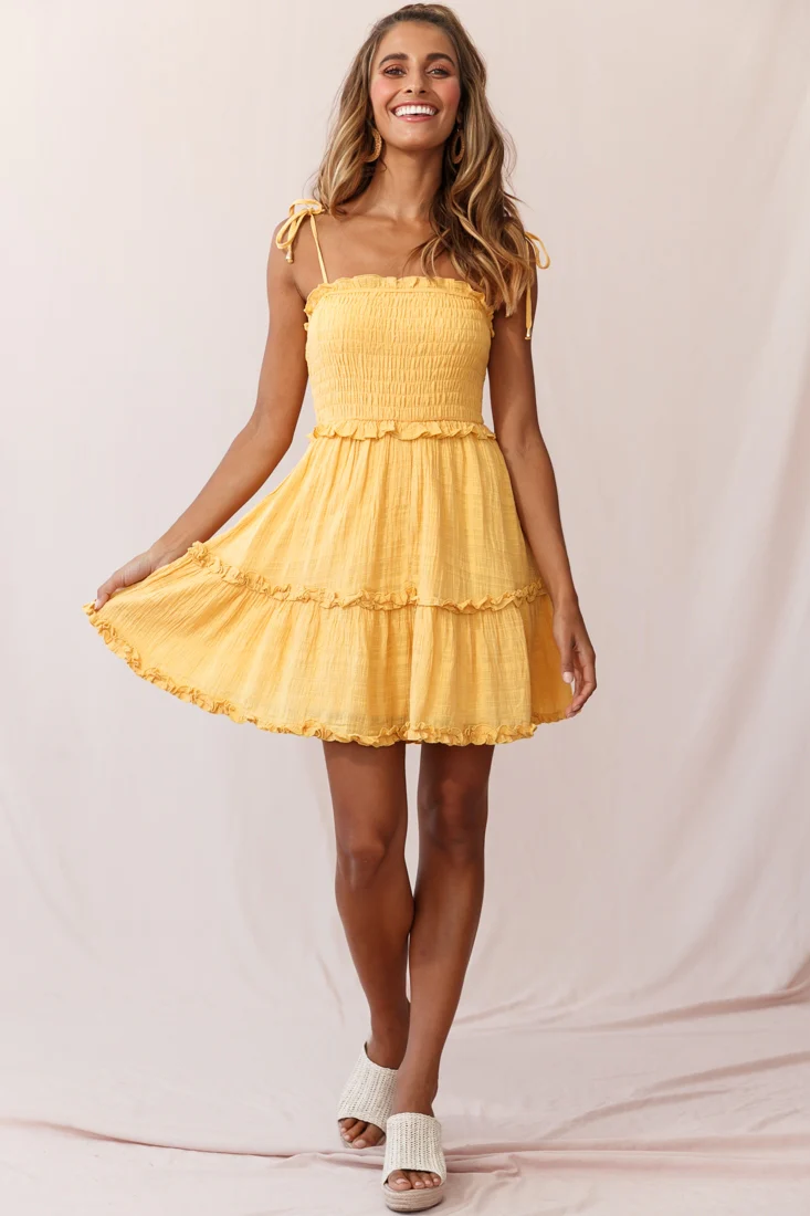 Sherry Tied Shoulder Shirred Bust Dress Yellow - Image 2