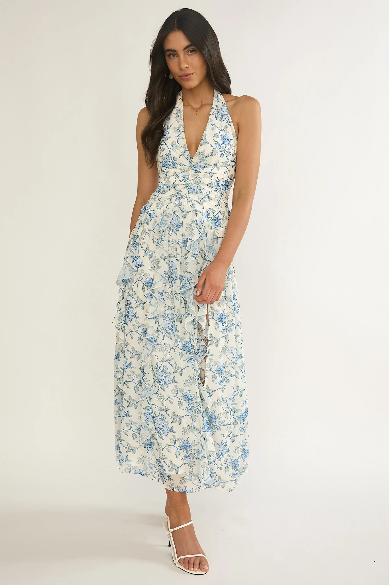 She's Glowing Halterneck Ruffle Dress Floral Blue - Image 5