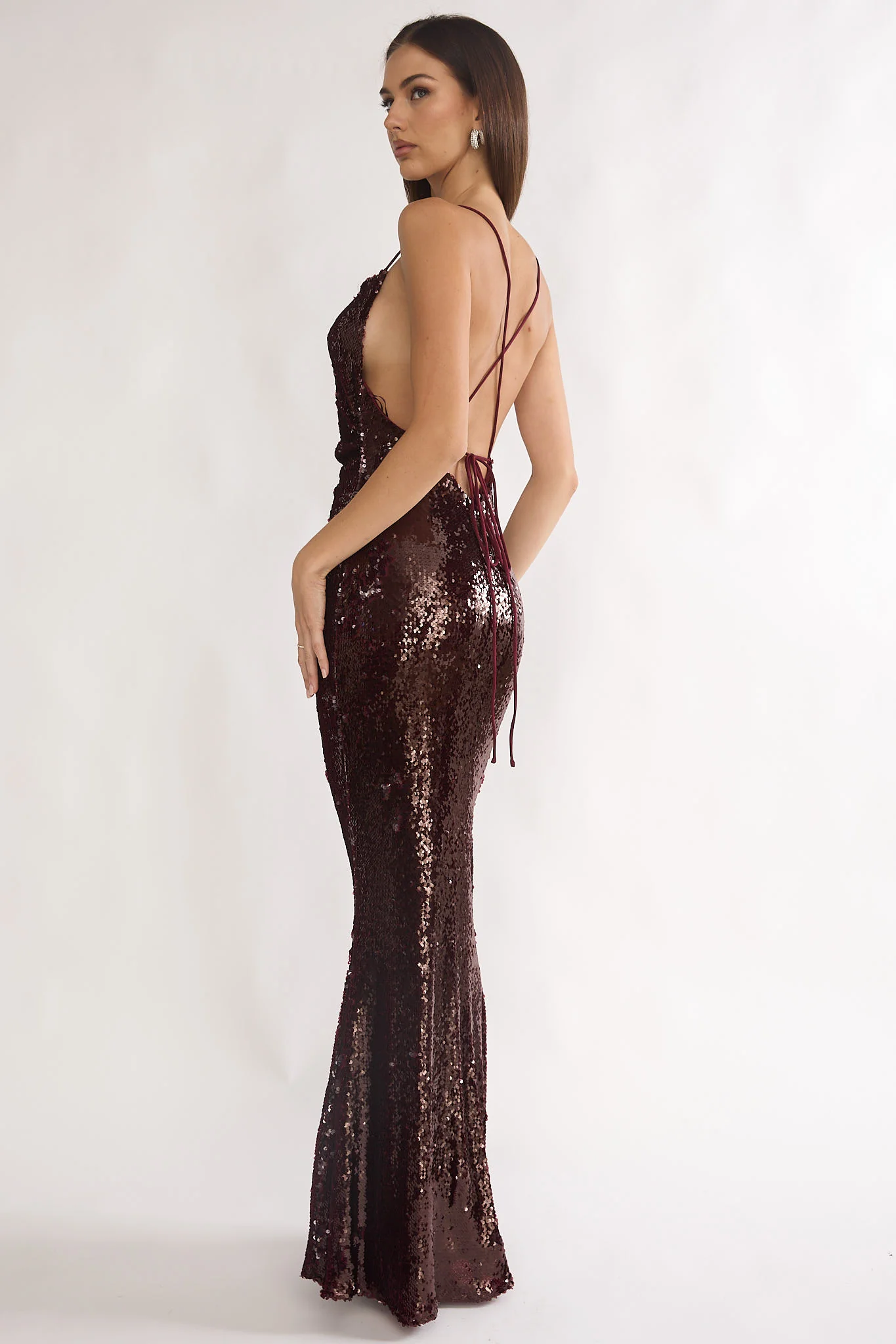 She's The Star Open Tied Back Maxi Dress Sequin Wine - Image 2