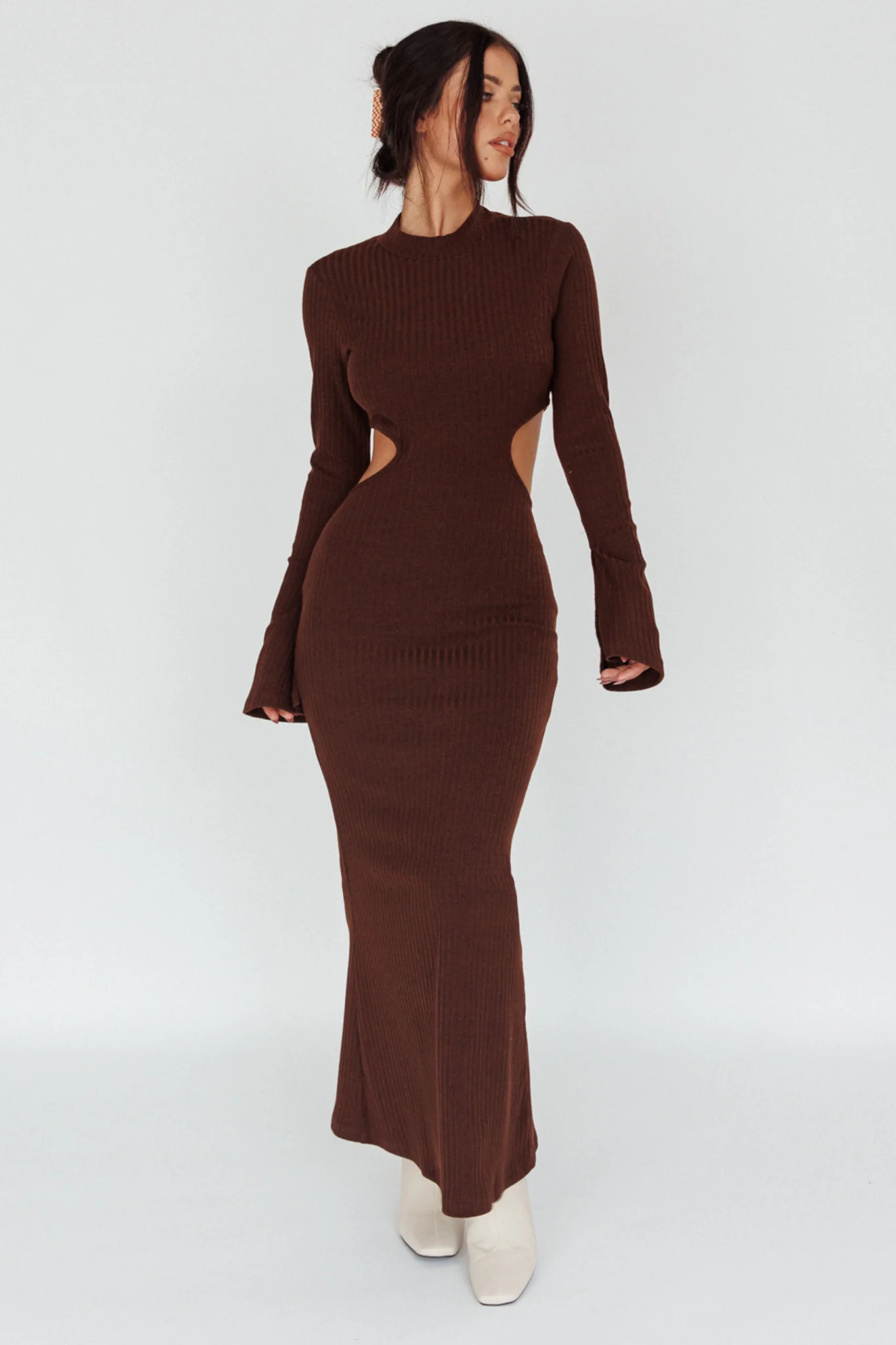 Shianne Long Sleeve Knit Maxi Dress Chocolate - Image 5