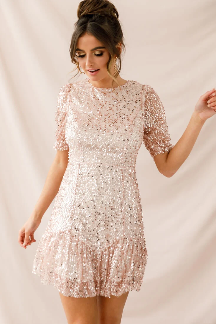 Shine On Sequin Overlay Puff Sleeve Dress Gold - Image 2