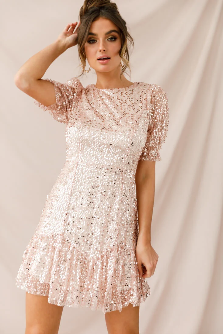 Shine On Sequin Overlay Puff Sleeve Dress Gold - Image 7