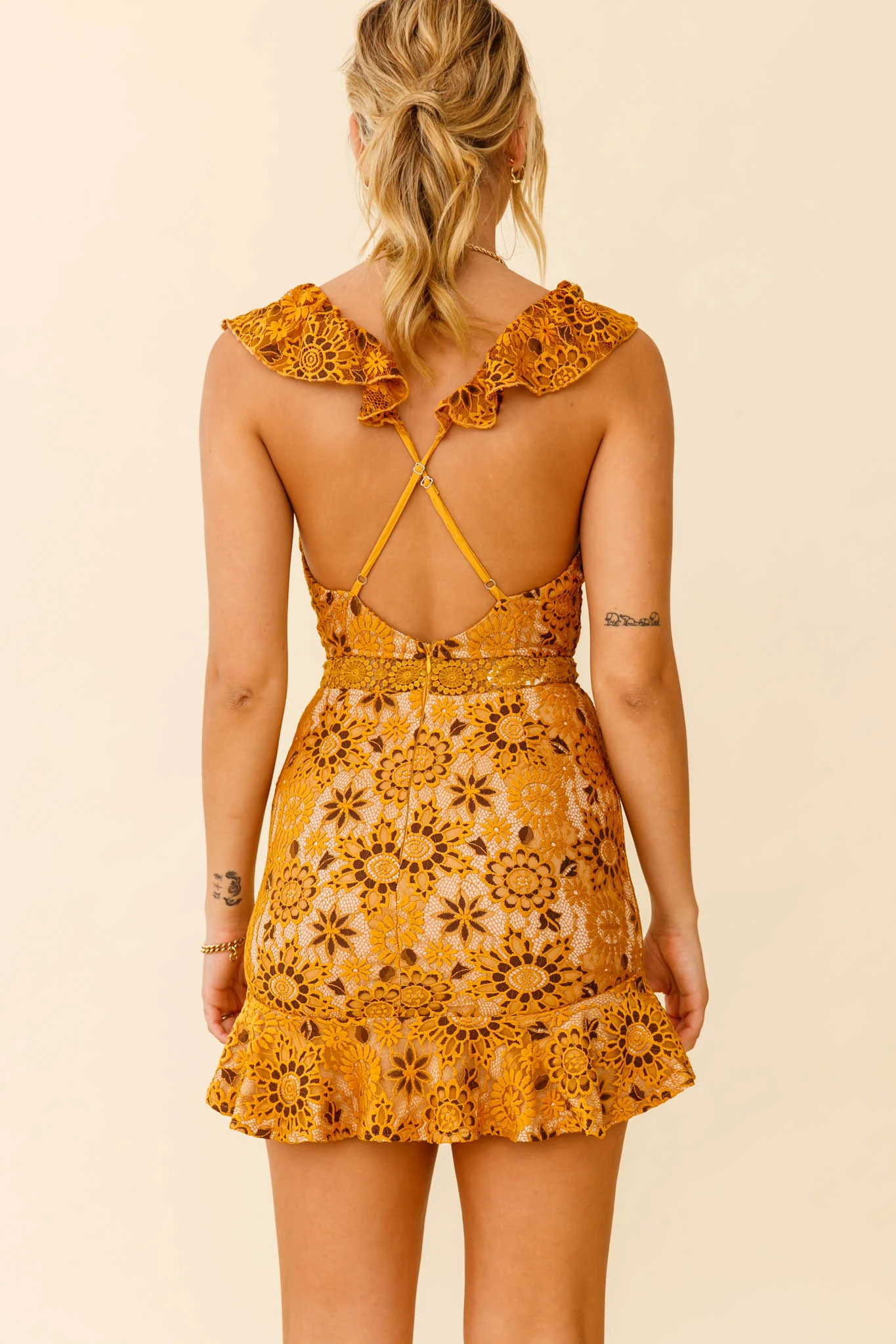 Short Story Ruffle Strap Criss-Cross Back Dress Floral Lace Mustard - Image 5