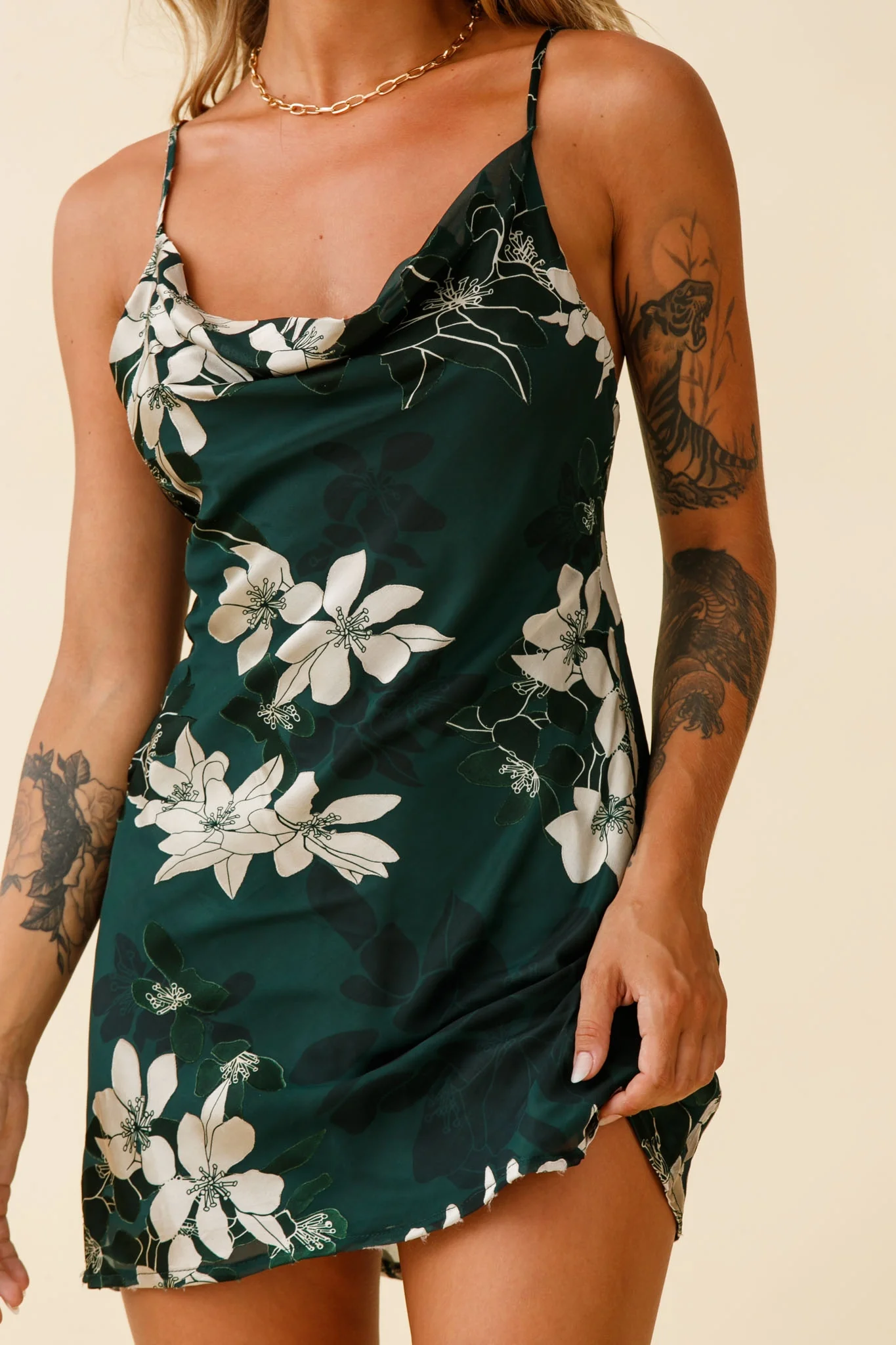 Show Me Love Cowl Neck Mini Dress Flower Print Green - Image 4
